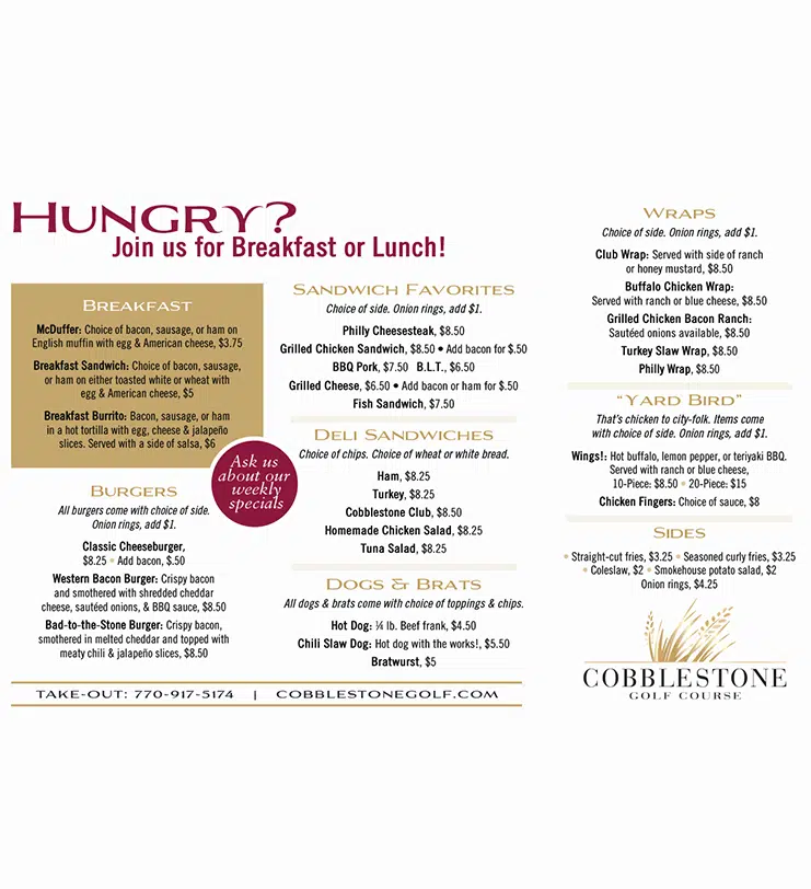 Cobblestone Golf Course Menu